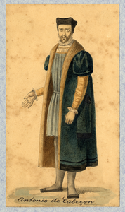 32669 Afbeelding van een kostuumontwerp van Antonio de Cabeçon, figurant in de maskerade van de studenten van de ...